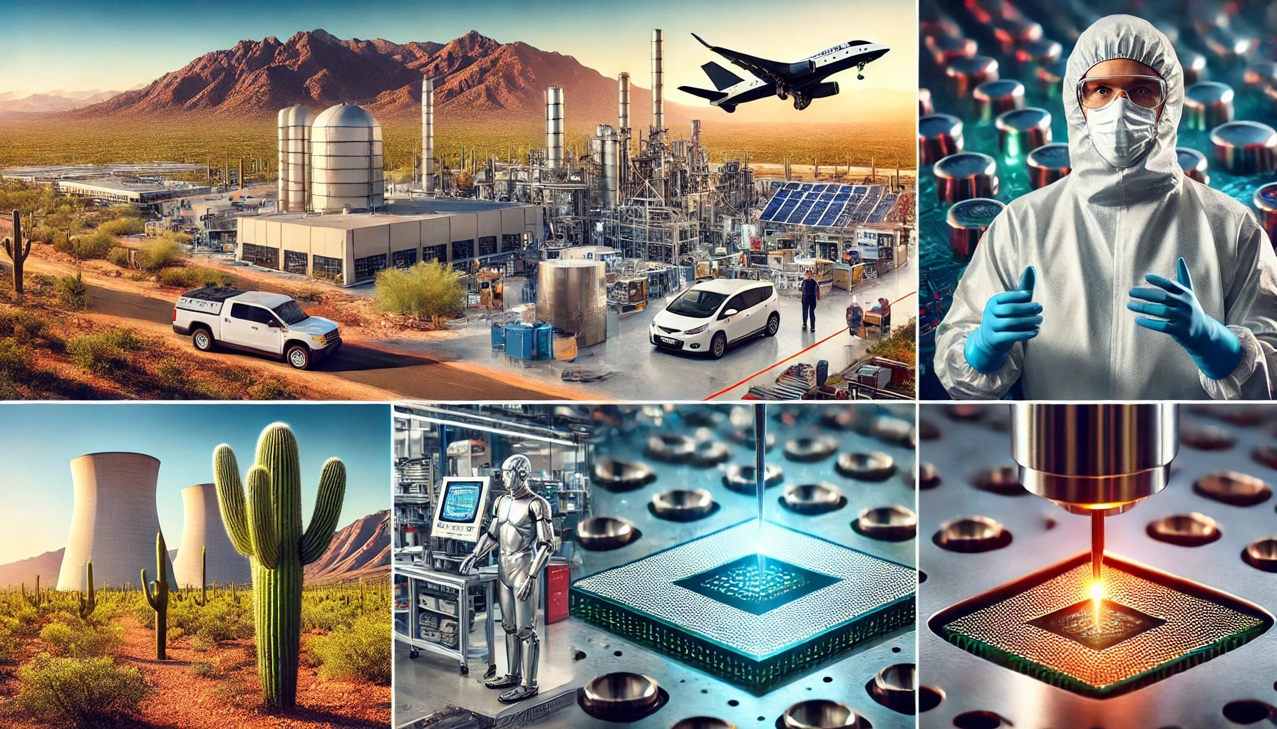 A composite image showcasing Arizona's booming technology and manufacturing industries. The foreground features Arizona's desert landscape with cacti 